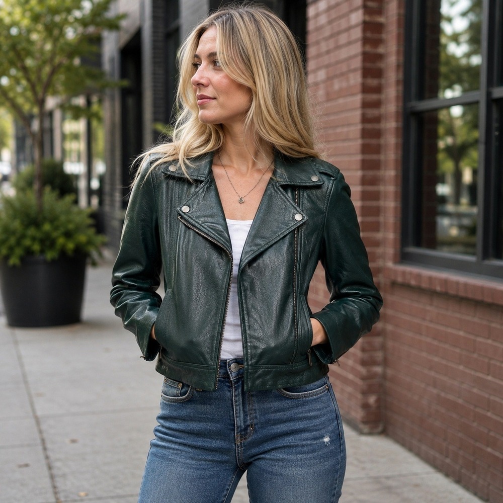 Skies Are Blue Faux Leather Moto Jacket Dark Green XS Biker Zip Womens